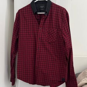 rag & bone Red and Black Plaid Button-Down Shirt with Contrast Collar. Slim fit